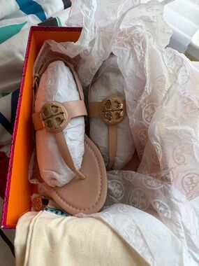 Tory Burch Blush Nude Miller Thong Sandals with Gold Logo